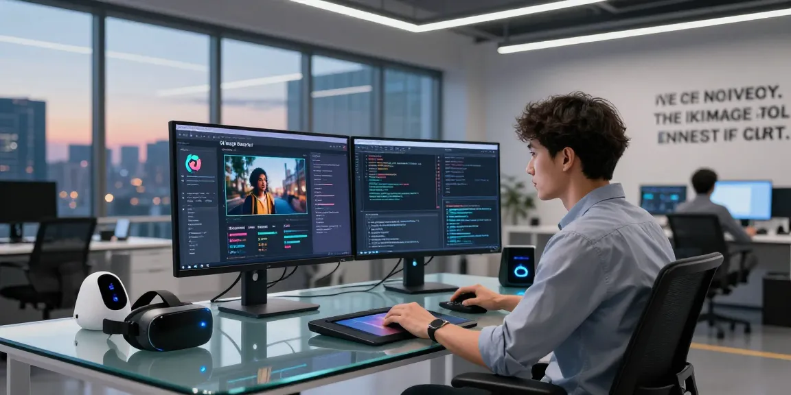 AI Image Detector interface on multiple screens in a modern digital workspace with city skyline view.