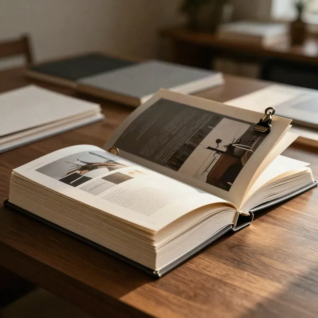 Investor deck mockup with fanned pages and metal clip on a walnut plinth.