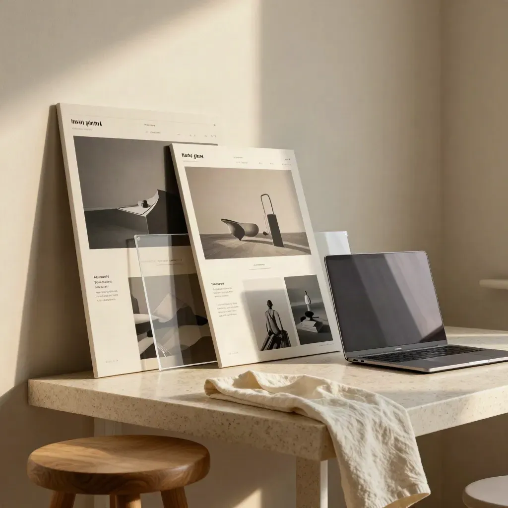 Website mockup boards with a laptop and acrylic panes in a sunlit studio