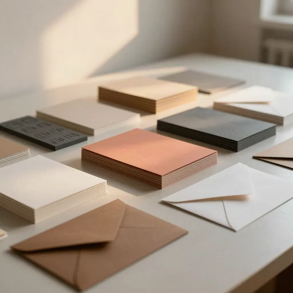 Brand identity system samples on a pale table, lit cinematically with soft haze and diagonal light.