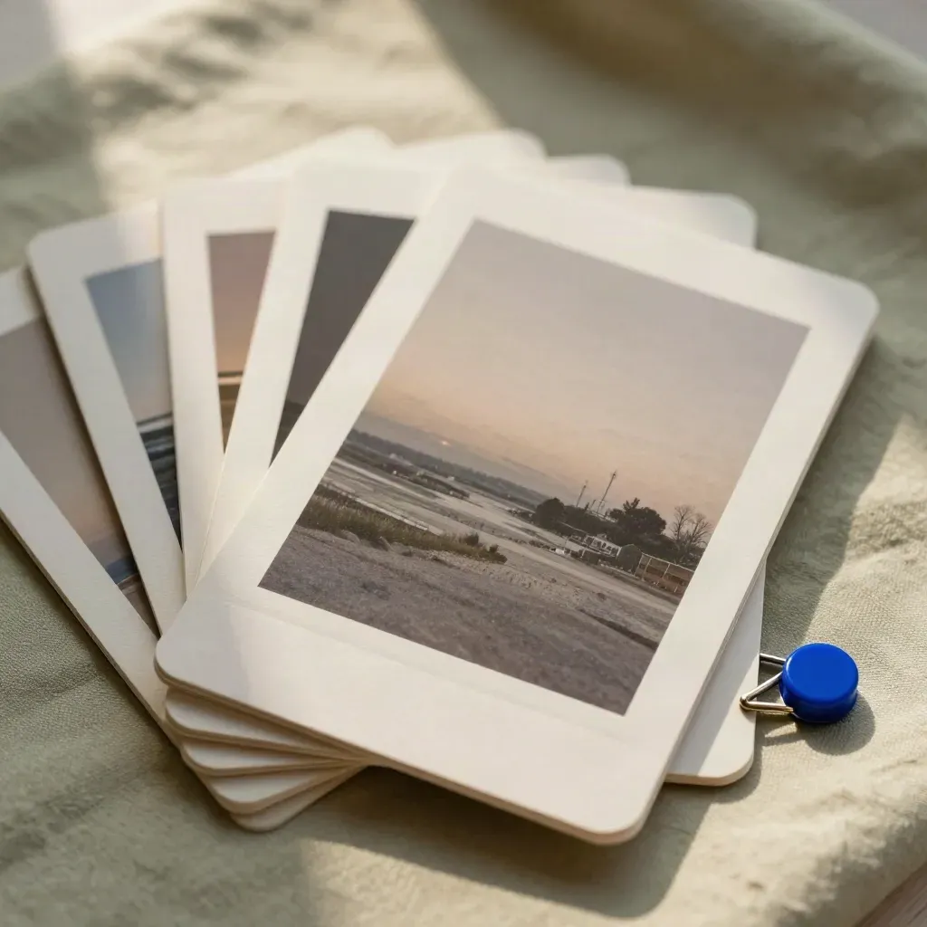 Top-down shuffling of social template cards with cobalt chip on pale plaster.