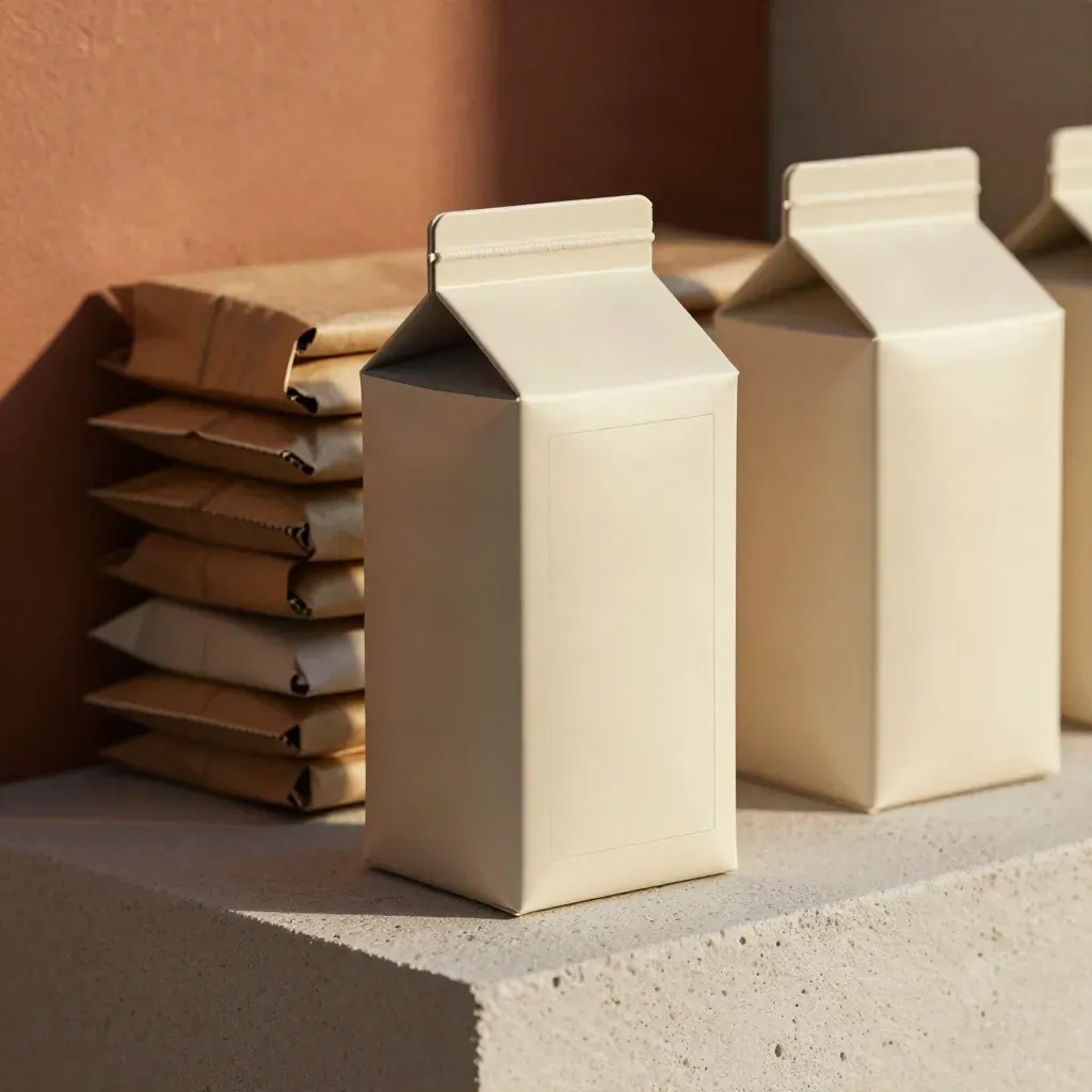 Packaging prototypes on a concrete plinth, lit dramatically, with cartons and a corrugated mailer.