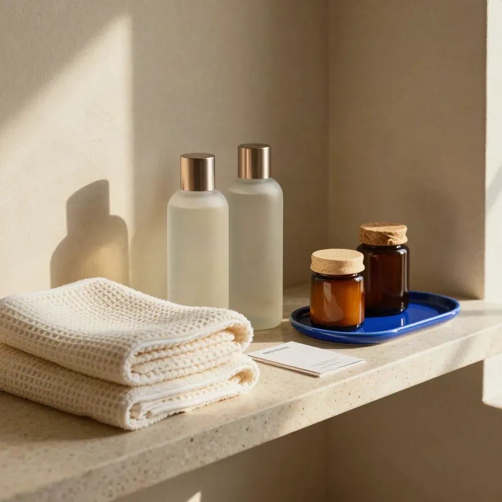 Wellness shelf with towels, frosted bottles, herbal jars, and cobalt accents on pale stone.