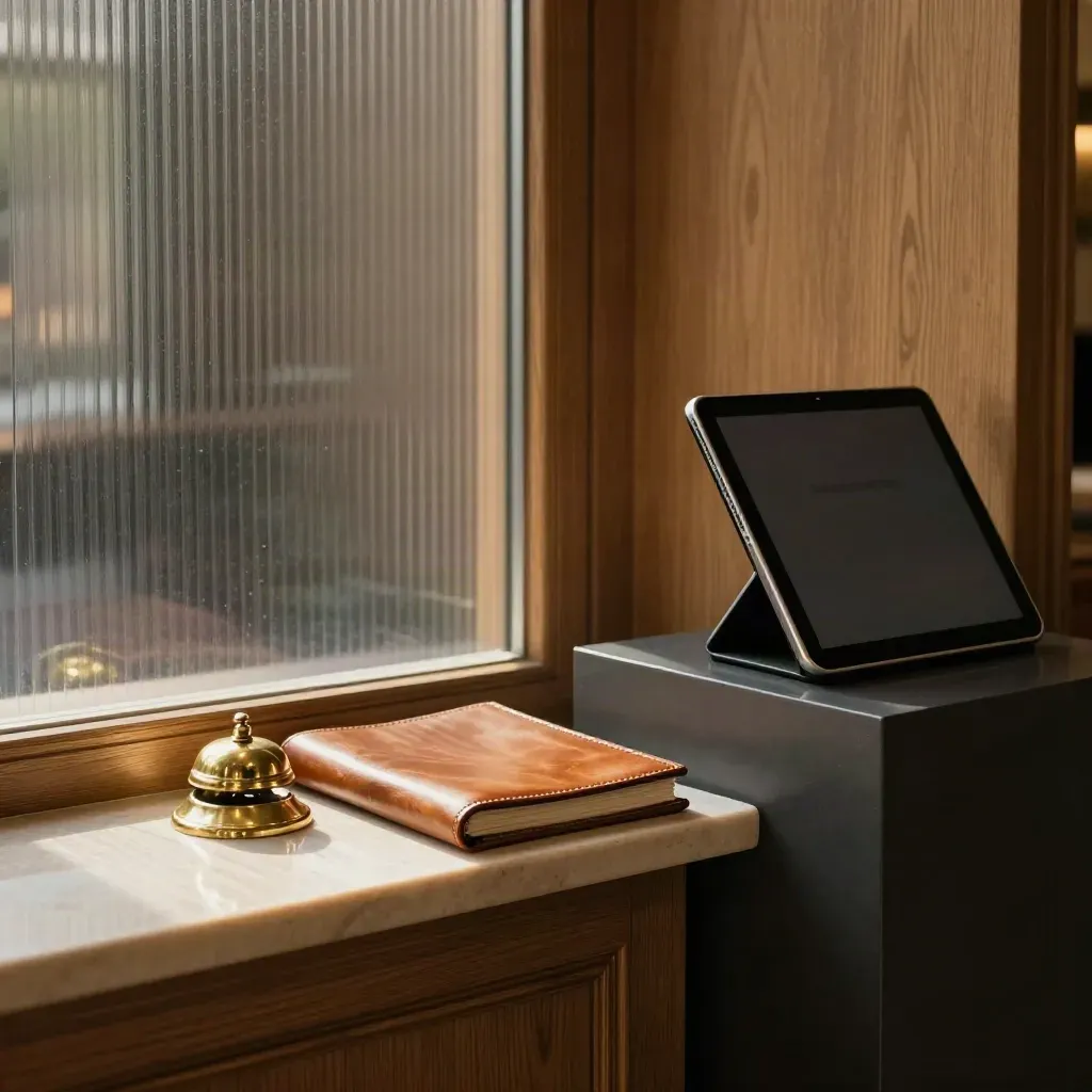 Glowing tablet kiosk, leather folio, and brass bell in a boutique law office reception corner.