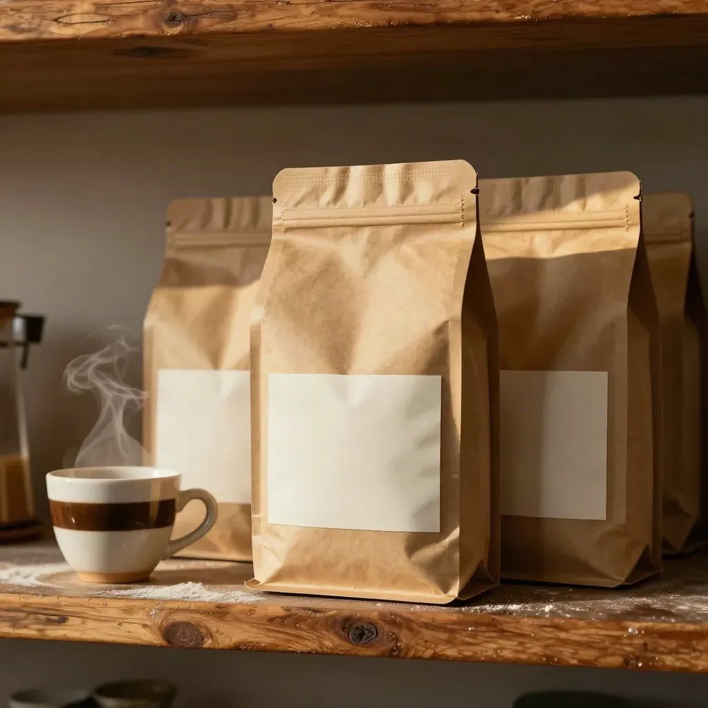 Coffee bag mockups, carry box and tasting cup on a bakery shelf in warm afternoon light.