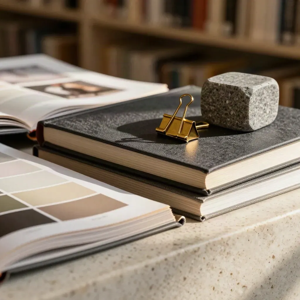 Macro still life of brand design tools on travertine: color atlas, linen book, brass clips, stone weight