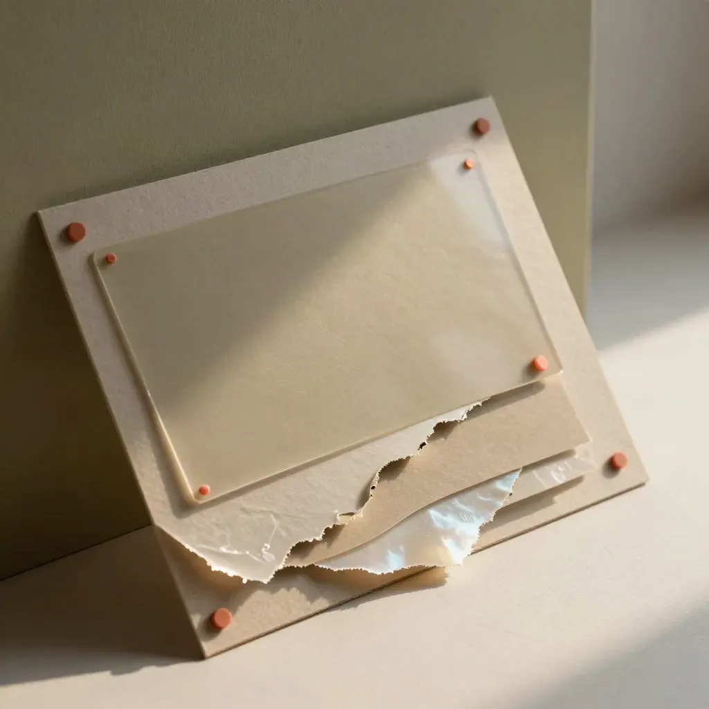 Foam-core concept boards, acetate overlays, and coral adhesive dots in a tactile close-up.