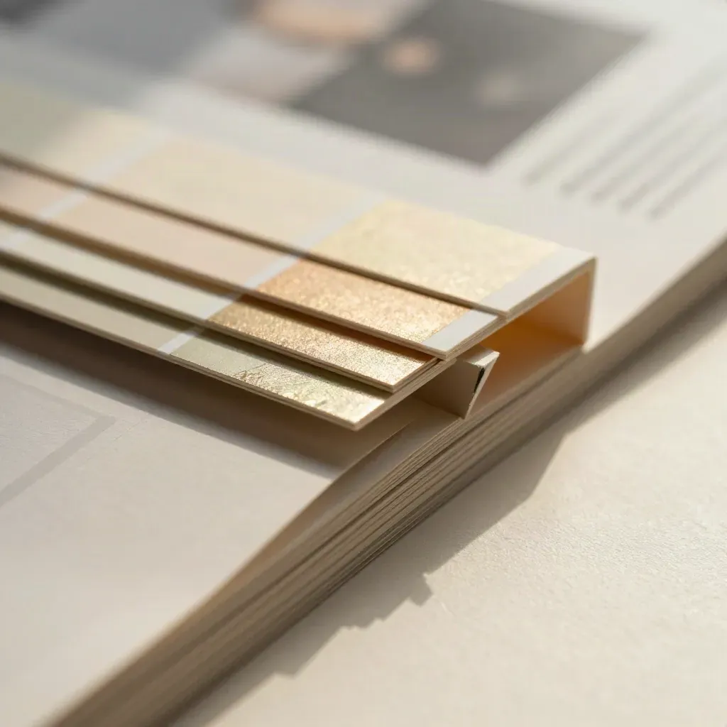 Extreme macro of carton prototypes, foil swatches and a corner-lock sample on a cream press bed.