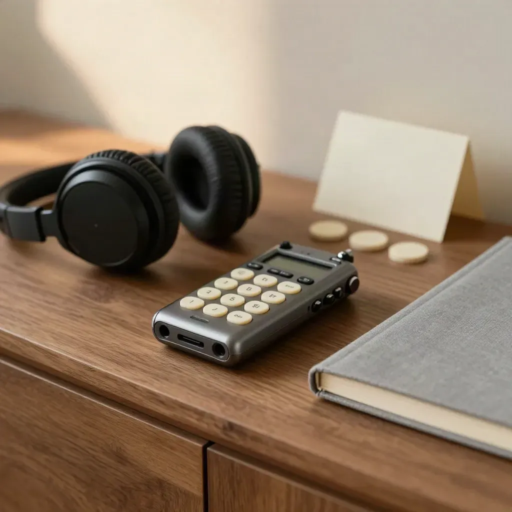 Field recorder, headphones, notebook and mood chips on a walnut studio surface
