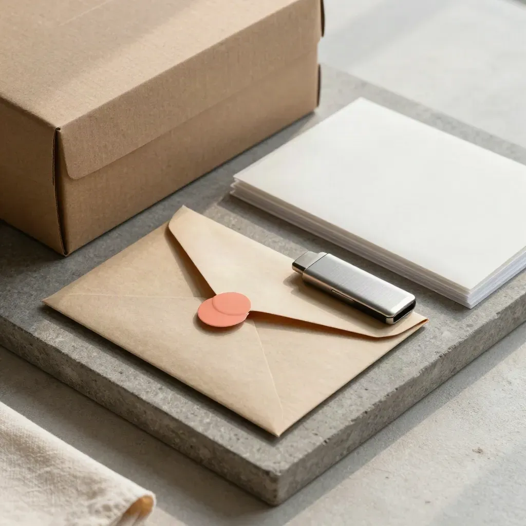 Archival envelope, thumb drive, file sleeves, and delivery box on a stone tray
