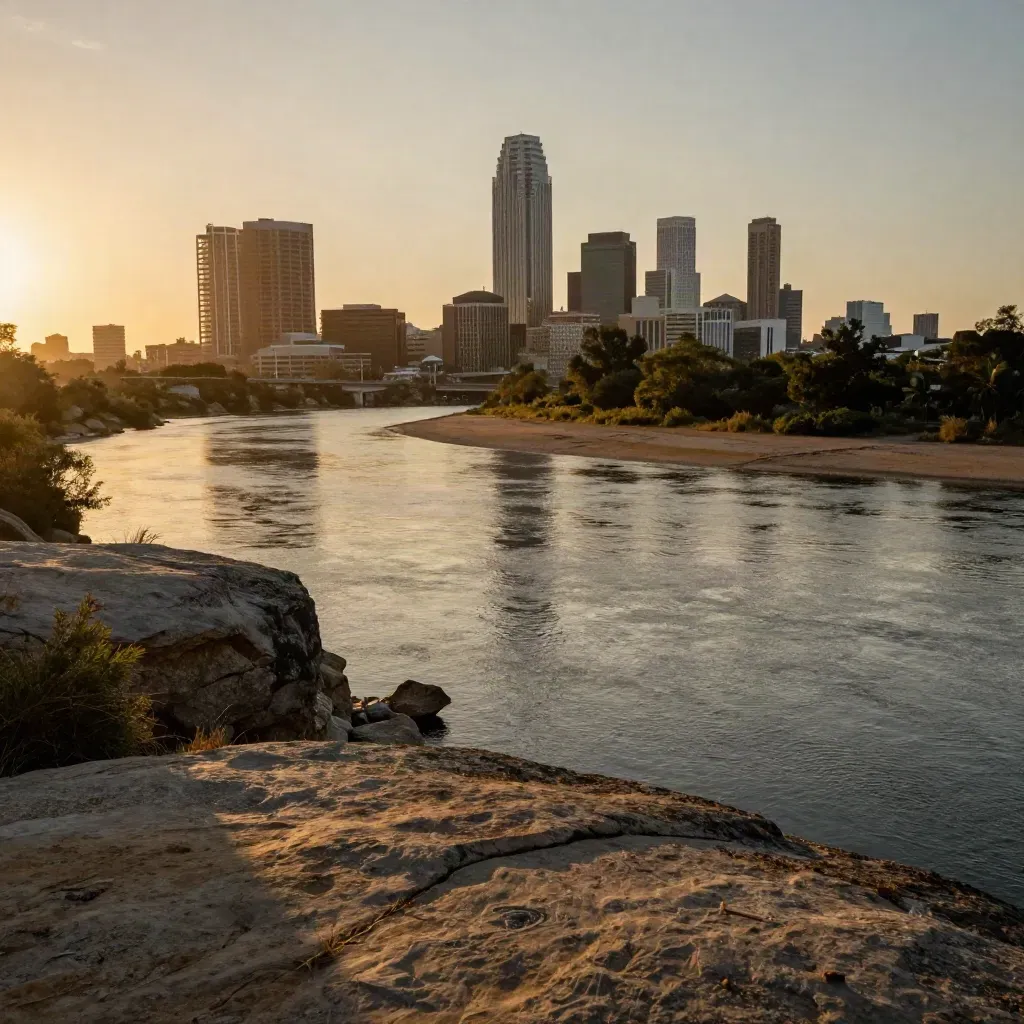 Austin skyline beyond a limestone river bend at sunset, with heat haze and calm open foreground.