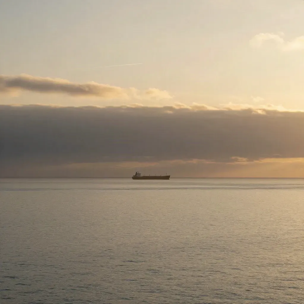 Golden Atlantic horizon with a distant cargo ship, layered clouds, and warm hazy sea light.