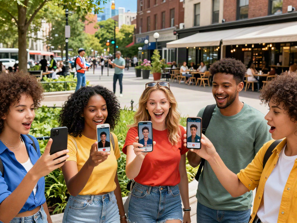 Friends laughing and using a celebrity look-alike app in a sunny urban park, showcasing excitement and joy.